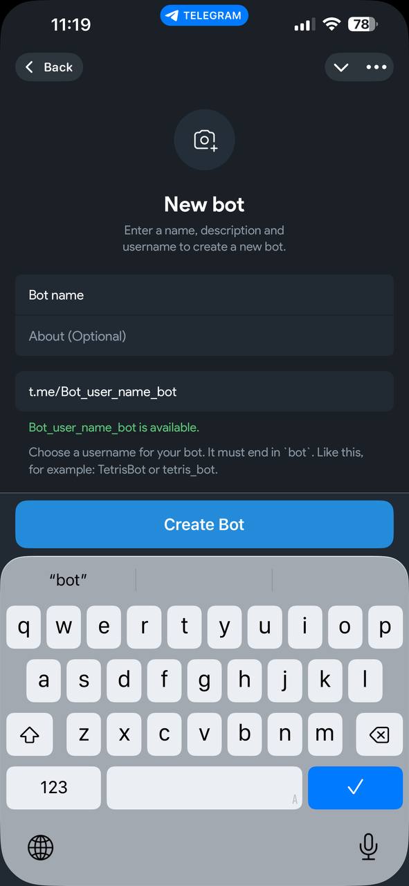 Форма создания нового бота: имя, описание, username